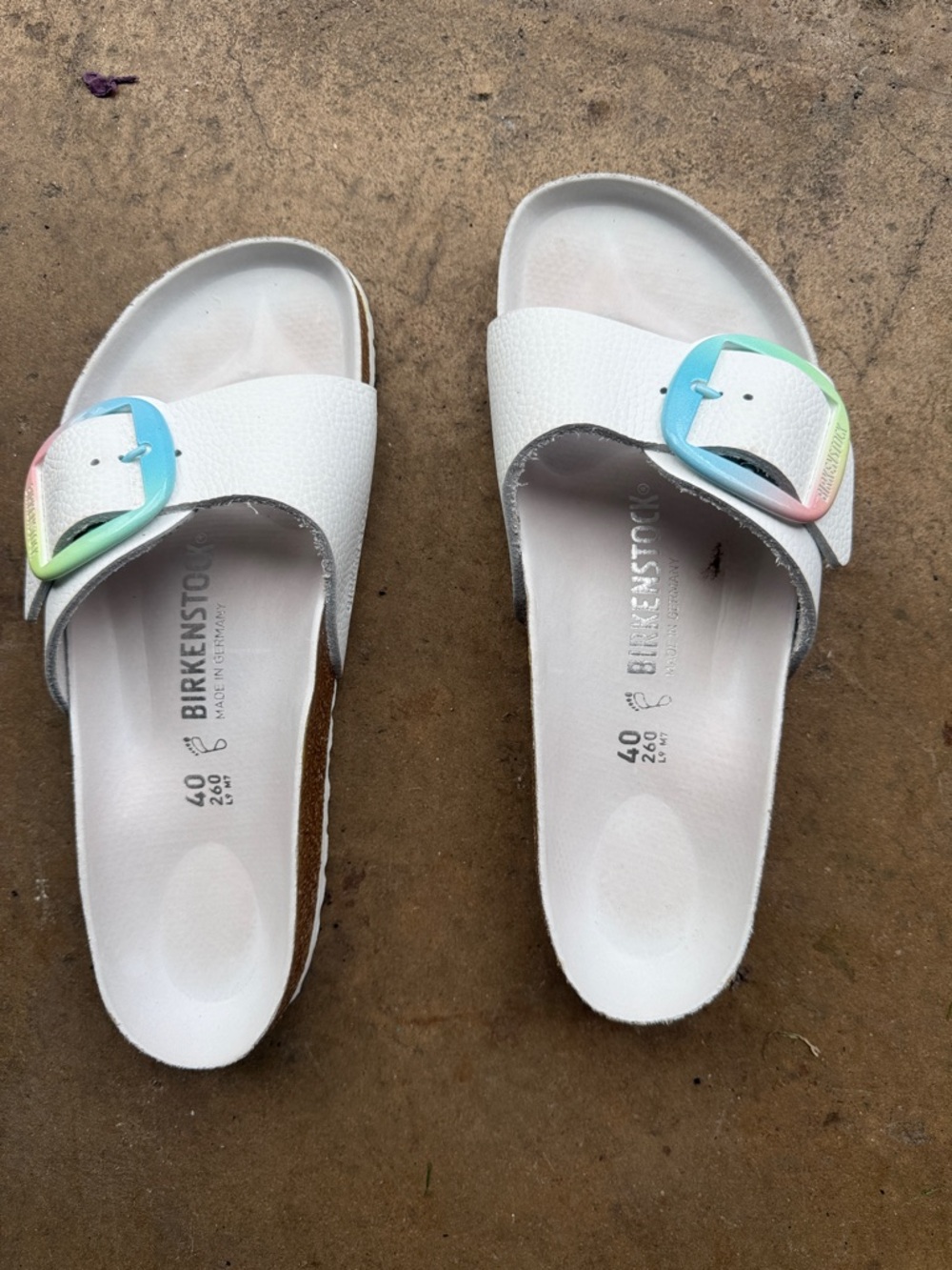 Birkenstock women’s  White Slide Sandals with Pastel Rainbow Buckles GUC - Picture 2 of 7